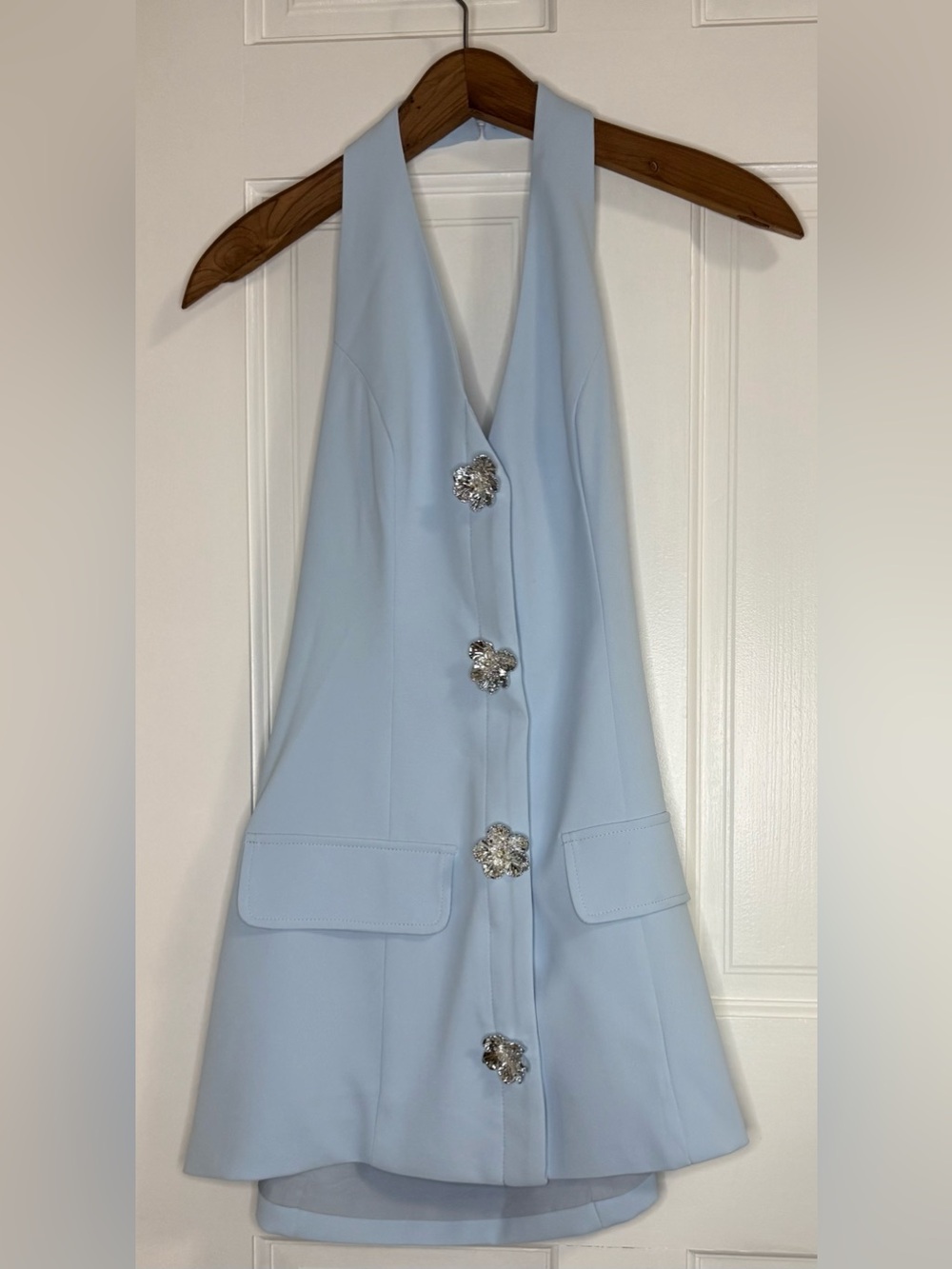 Peppermayo Pale Blue Halter Mini Dress with Crystal Buttons